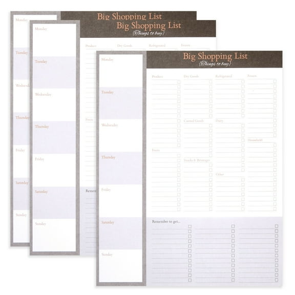 3-Pack Large Magnetic Shopping List Pad For Fridge with Checklist, Grocery Store Magnet Notepads for Weekly Meal Planner with 52 Sheets Each, Brown/ Gray (7.5x9.5 In)