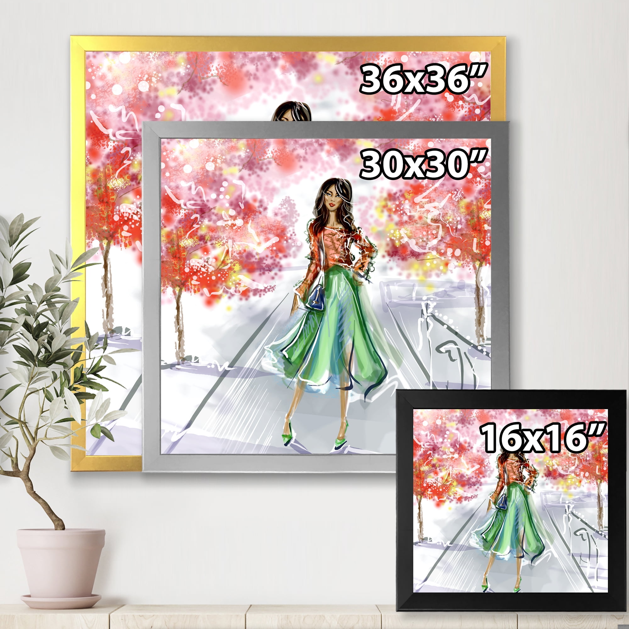 Beautiful Woman Wearing Fashionable Clothes In Park 16 in x 16 in Framed Painting Canvas Art Print, by Designart