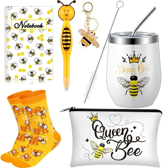 Panitay 6 Pcs Bee Themed Gifts Set for Women, 12 Ounce Stainless Steel Tumbler with Straw and Brush Socks Cosmetic Bag Notebook Pen Keychain for Mom Friends Teacher Bee Lover Gif