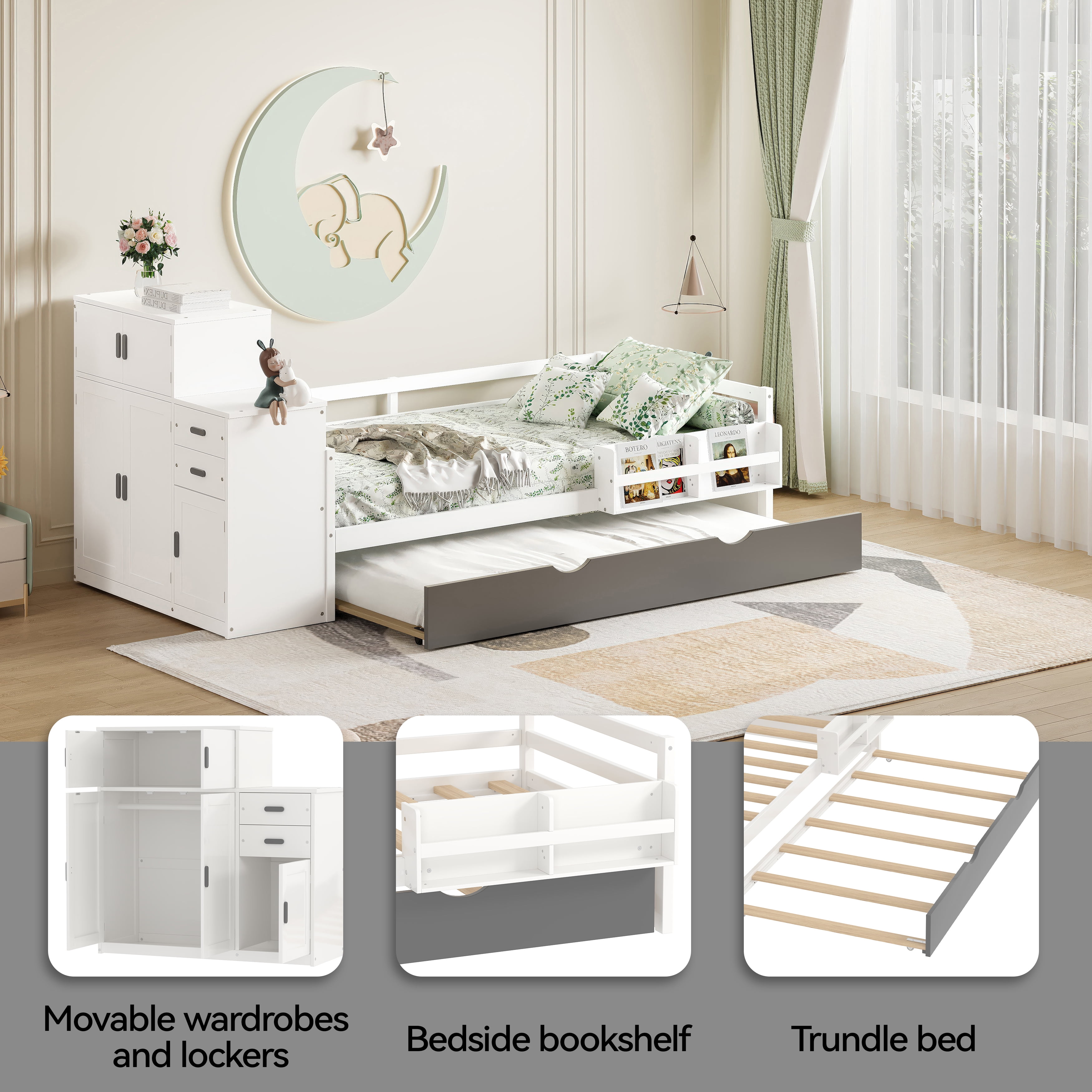 Euroco Wood Twin Size Daybed with Trundle, Storage Bed with Bookcase and Wardrobe, White