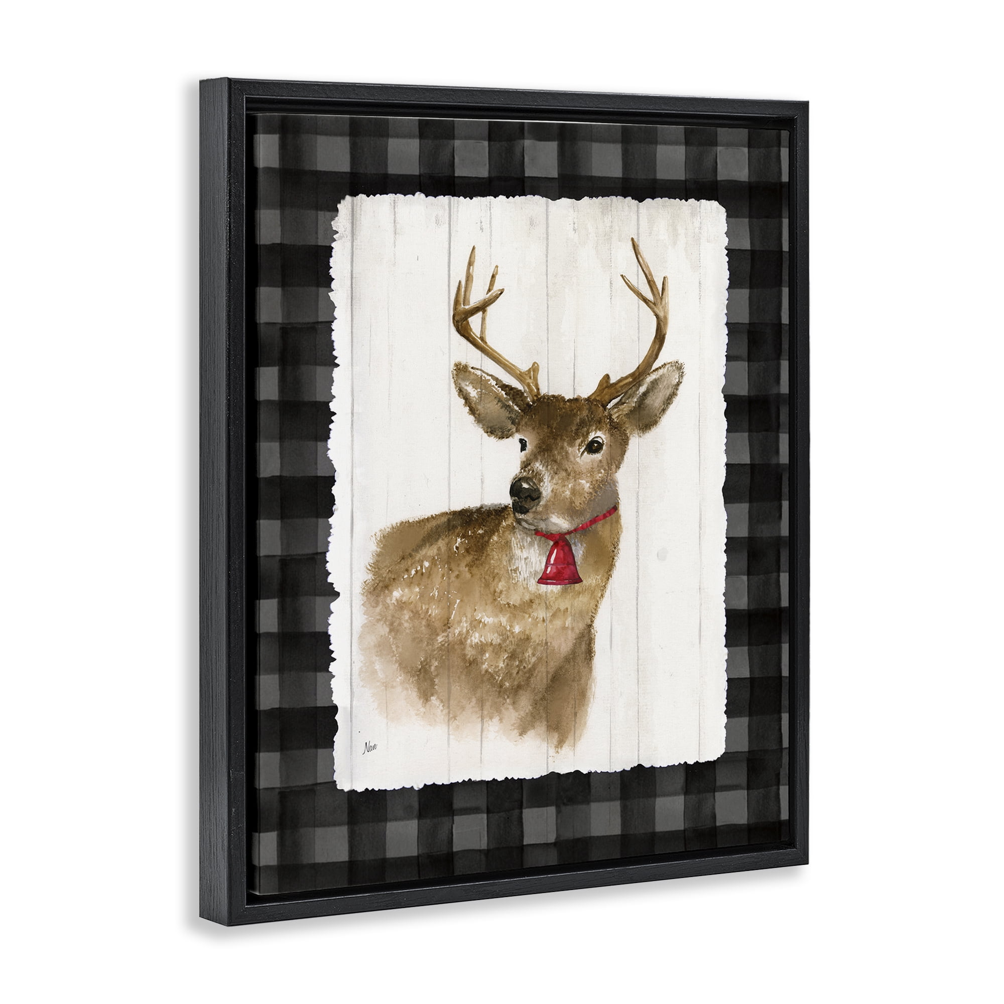 Stupell Industries Deer with Red Bell Animals & Insects Painting Black Floater Framed Canvas Art Prints Wall Art, 25 x 31