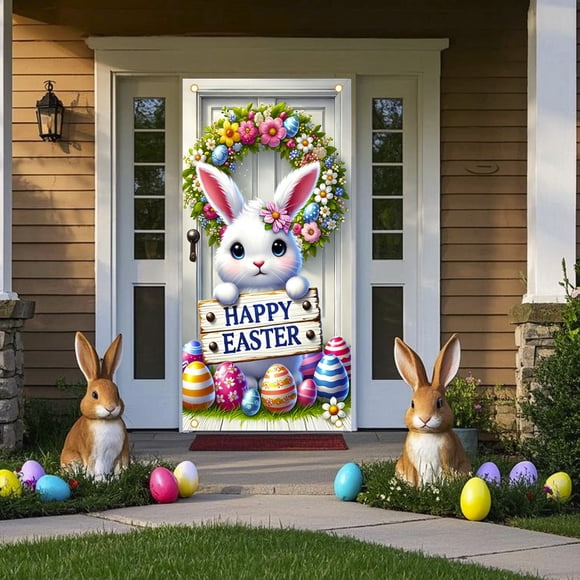 Weloille Easter Door Cover 1 Piece, Polyester Vivid Holiday Pattern, Reusable Decorative Party Background Banner, Suitable for Home Door Garden Wall Room Holiday Decoration