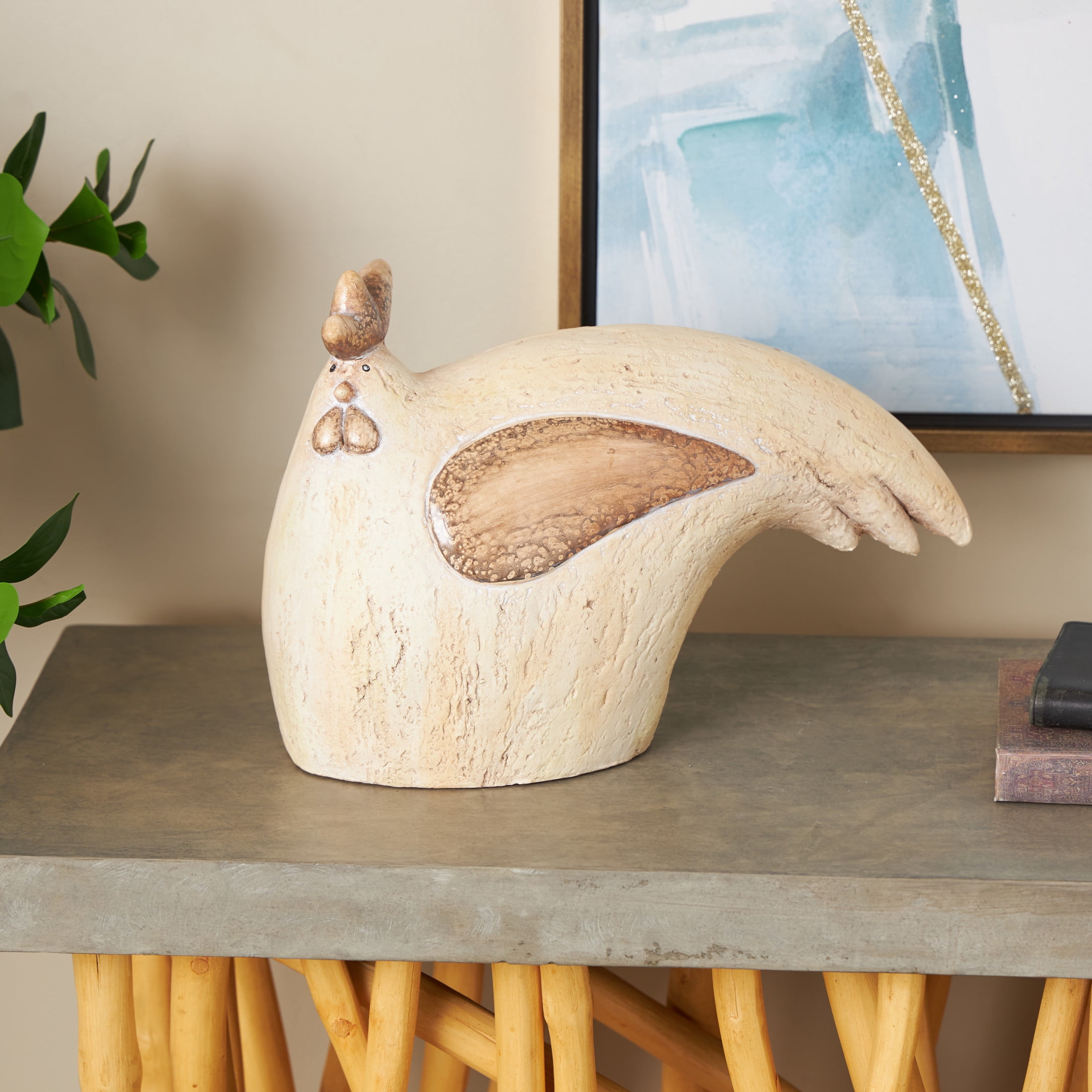DecMode 10" Sitting Rooster Garden Sculpture with Brown Accents