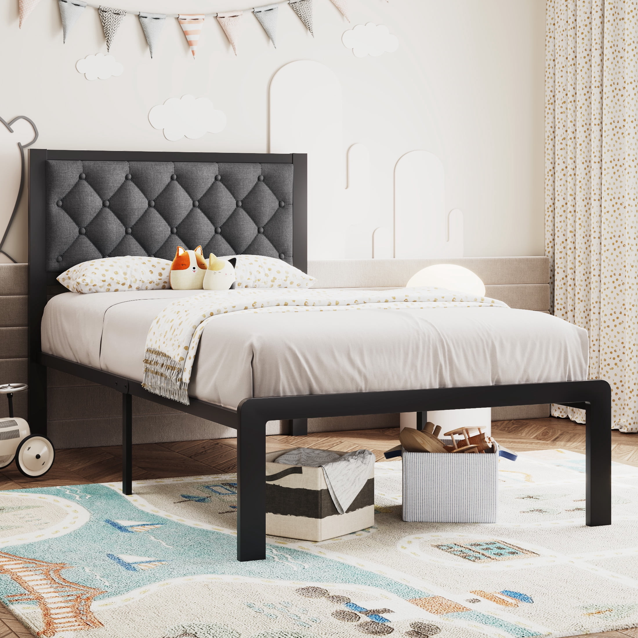 Lifezone Bed Frame with Linen Upholstered Headboard, Twin, Metal Support, No Box Spring Needed, Noise Free, Under Bed Storage, Easy Assembly, Grey