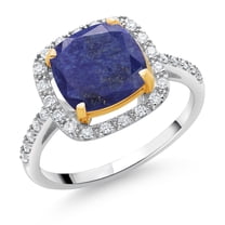 Gem Stone King 925 Sterling Silver and 10K Yellow Gold Blue Lapis and White Lab Grown Diamond Engagement Ring for Women (2.21 Cttw, Cushion Cut 8MM, Available in Size 5, 6, 7, 8, 9)