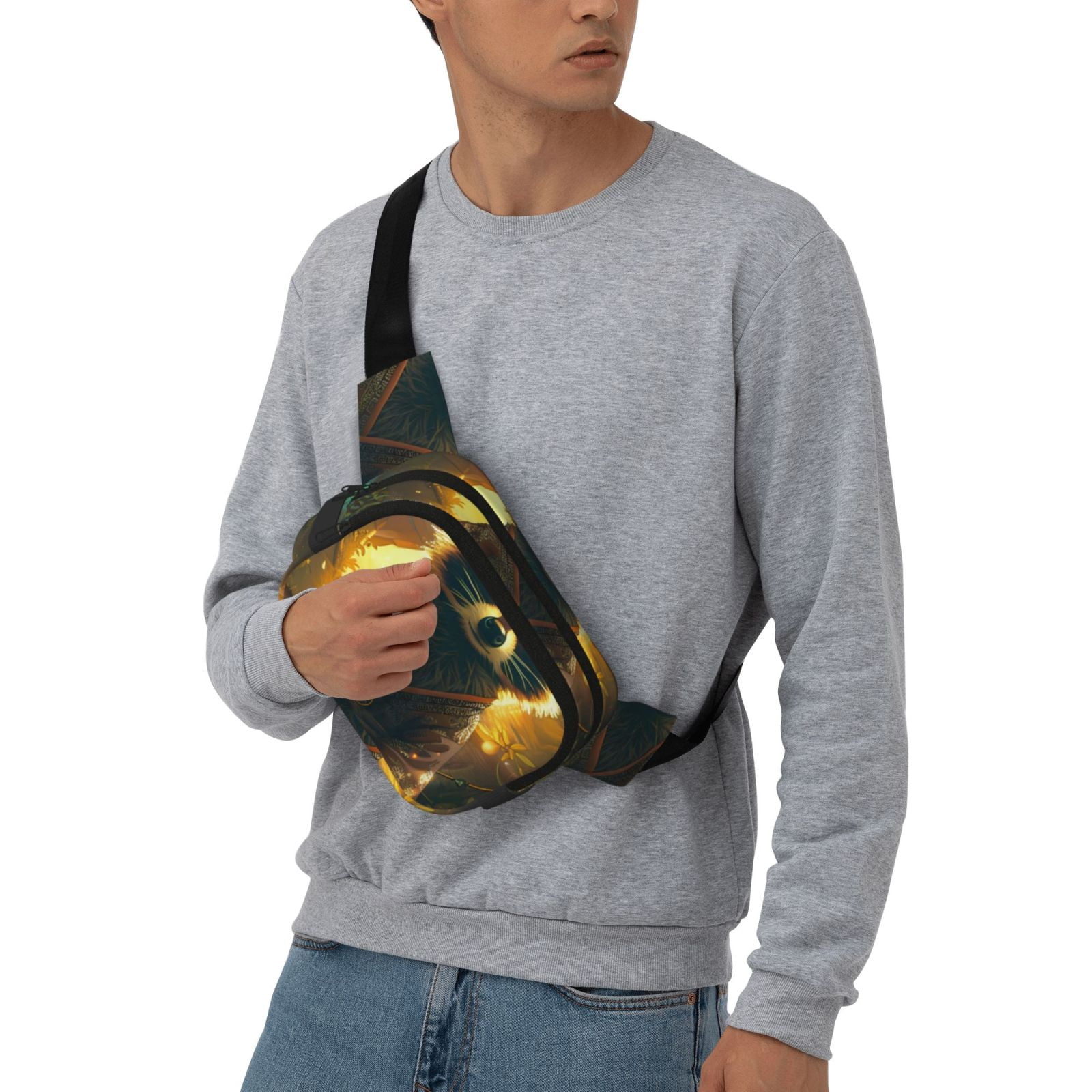 Picia Tree Meditating Raccoon Print Square Double-Layer Waist Bag Mini Adjustable Waist Belt Bag Exercise Running Travel Hiking