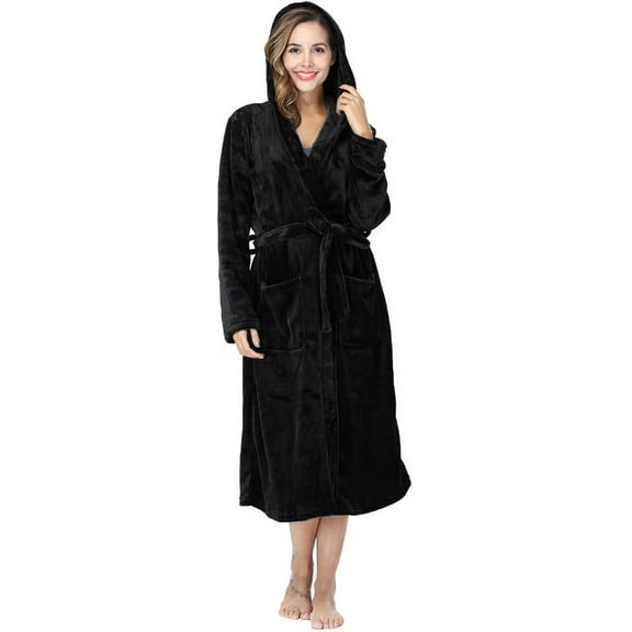 Womens Robes Plush Fleece Hooded Bathrobe Thick Nightgown with Pockets Fluffy Sleepwear