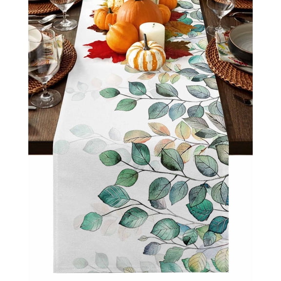 Fall Table Runner Thanksgiving Eucalyptus Leaves Table Runners Autumn Plant Green Cotton Linen Dresser Scarf Kitchen Dining Table Decor for Fall Holiday Party Decor 13x90 Inch