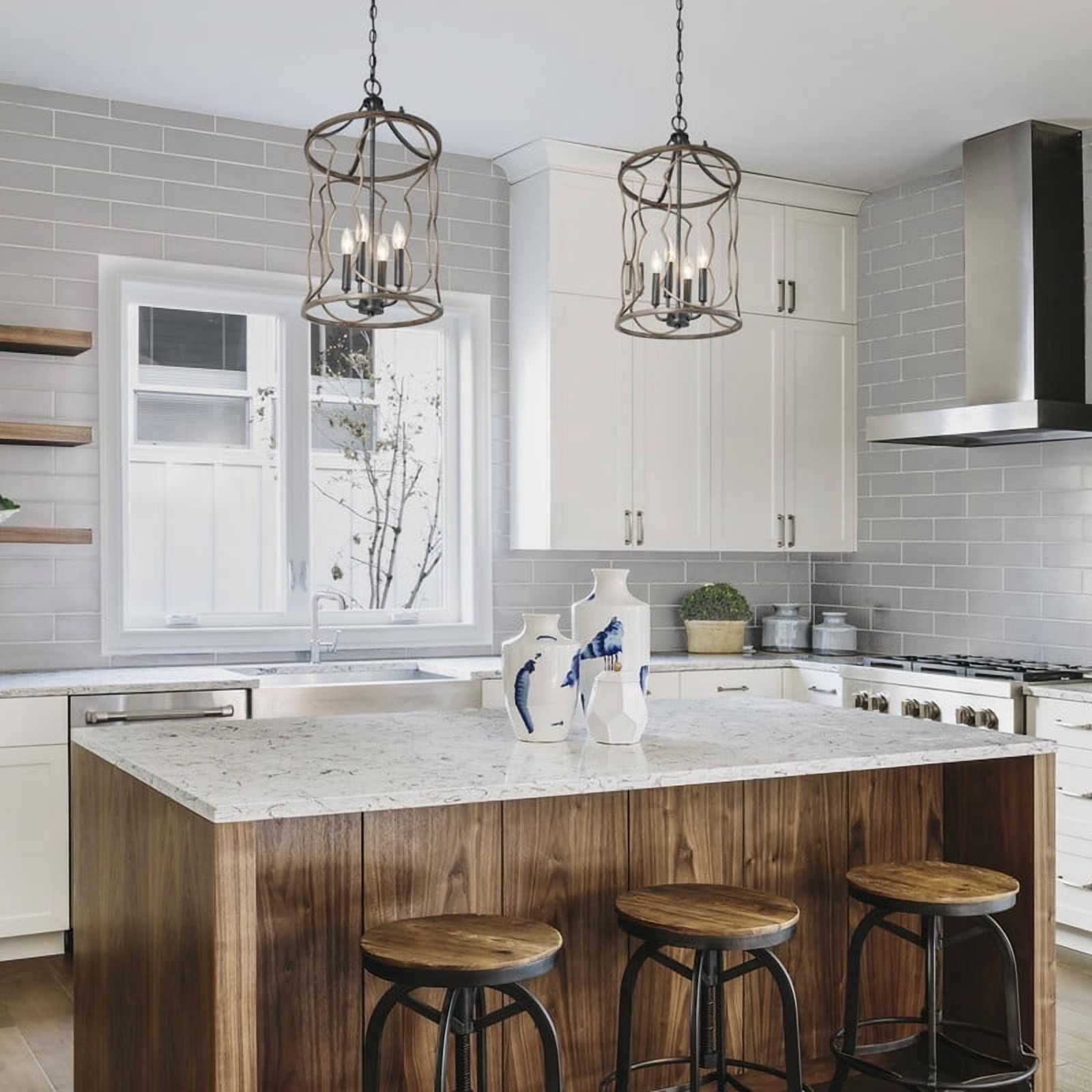 LNC Celosia 4-Light Black and Wood Cage Pendant Light for Dining Room or Foyer