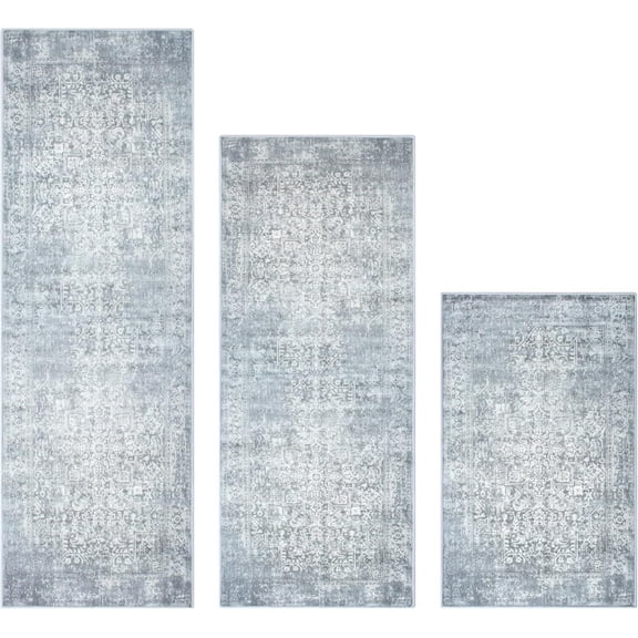 Kitchen Rugs Sets of 3 Non Slip Washable Kitchen Mats for Floor 3 Piece Set Boho Kitchen Rug Sets Gray Runner Carpets Absorbent for Laundry Room Hallway Sink