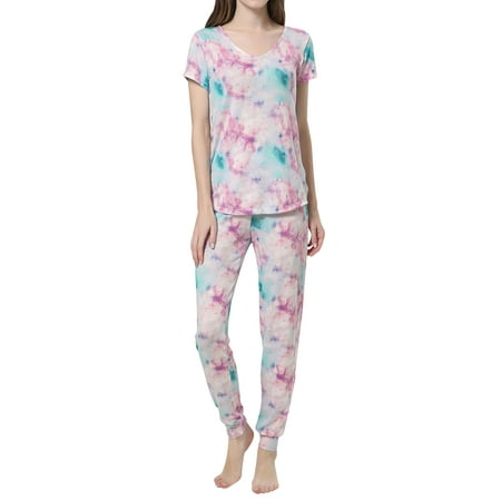 

HUBERY Women Floral Tie-Dyed Print V Neck Short Sleeve Two Pieces Sleepwear Set