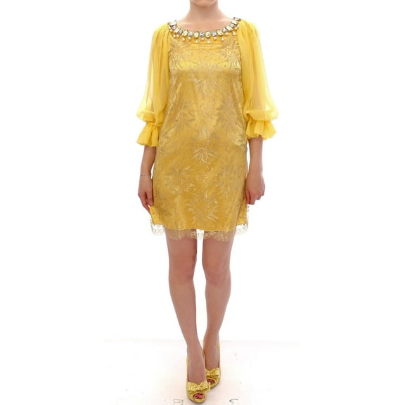 Dolce & Gabbana Yellow Lace Crystal Embellished Mini Dress