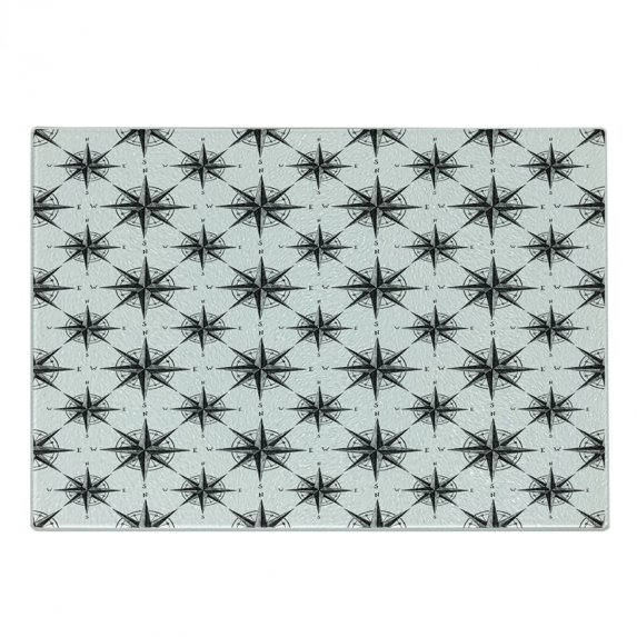 Compass Cutting Board, Black and White Sketch Style Windrose Discovering New Places Nautical Elements, Decorative Tempered Glass Cutting and Serving Board, Small Size, Black White, by Ambesonne