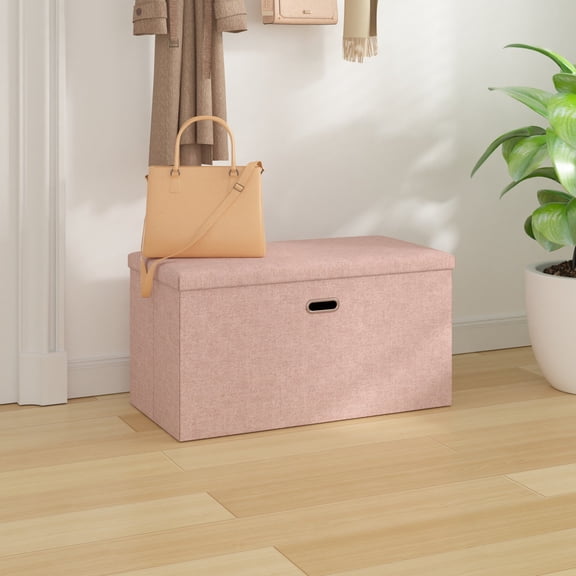 VECELO Ottoman Bench, Linen Footrest Stool, Storage Seat, Pink 29.99" L Folding Storage Ottoman