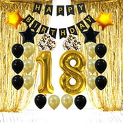 18th Birthday Decorations Gifts for Her Him - 18 Birthday Party Supplies Happy Birthday Banner, Gold Foil Fringe Curtains, 18 Gold Number Balloons and Confetti Balloons