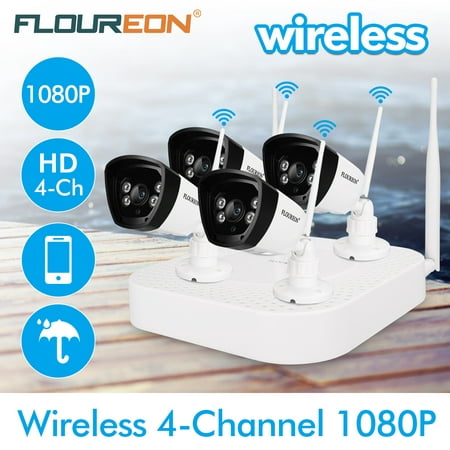 FLOUREON 4CH Wireless CCTV 1080P DVR Kit, Outdoor Wifi WLAN 720P 1.0MP IP Camera Security Video Recorder NVR (Best Ip Security Camera System 2019)