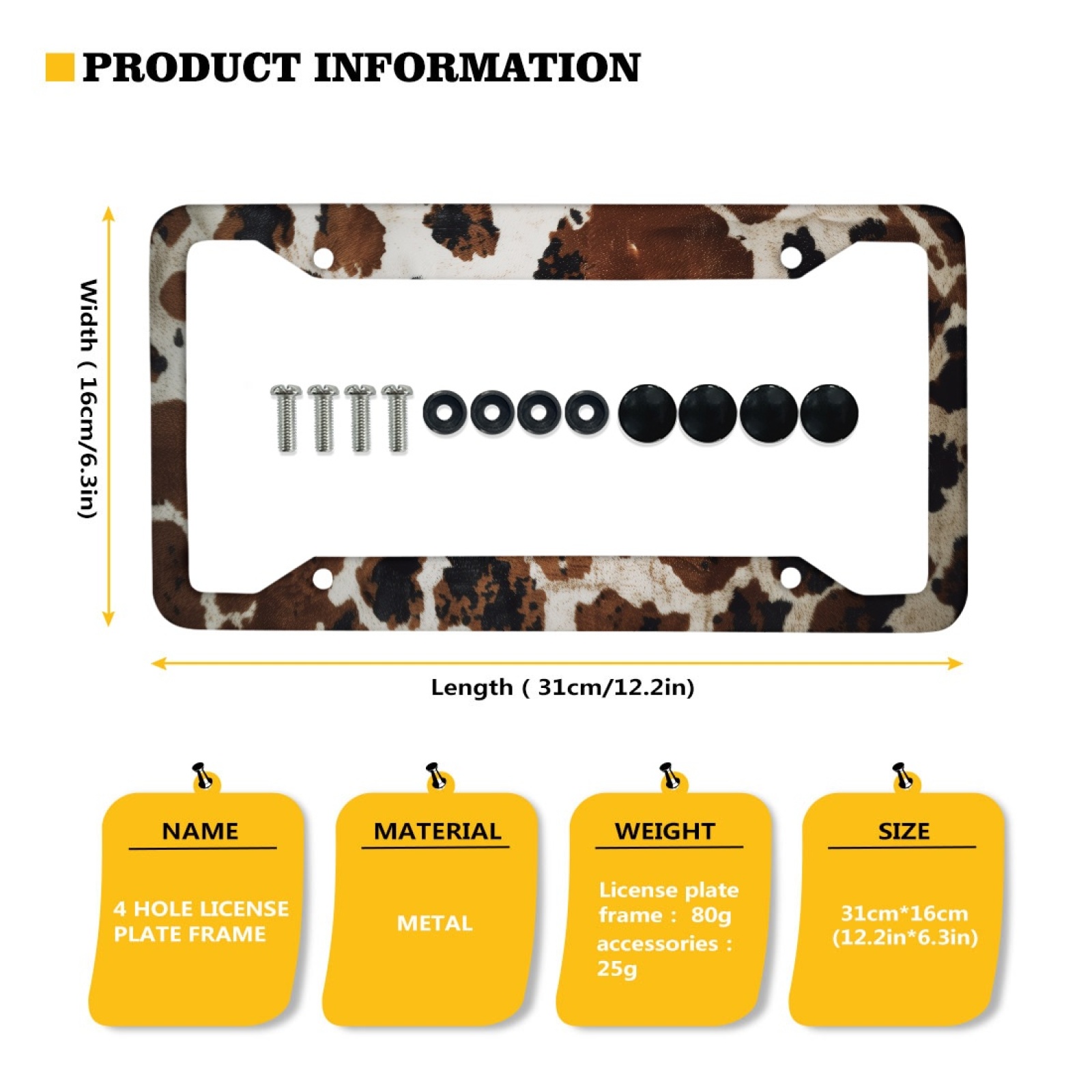 Renewold Brown Black Cow Print Aluminum Car Licenses Plate Frame Tag for Women Men Novelty Metal Automotive License Plate Frames, 2 Pack