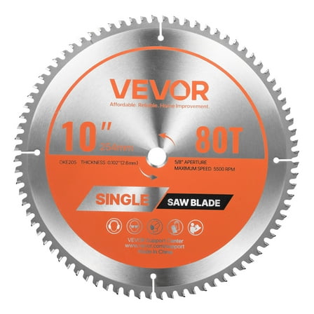 VEVOR Circular Saw Blade, 10 inch Diameter, 80 Sharp Alloy Teeth, 5/8 inch Arbor, Fine Finish, Aluminum Cutting Blade for Circular Saw, with Noise-Reducing Heat Vents, for Cutting Steel and Metal