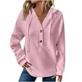 thumbnail image 2 of Lovskoo Waffle Hoodies for Women Dressy V Neck Button Down Blouse Fall Winter Long Sleeve Pullover Solid Color T-shirt Pink, 2 of 8