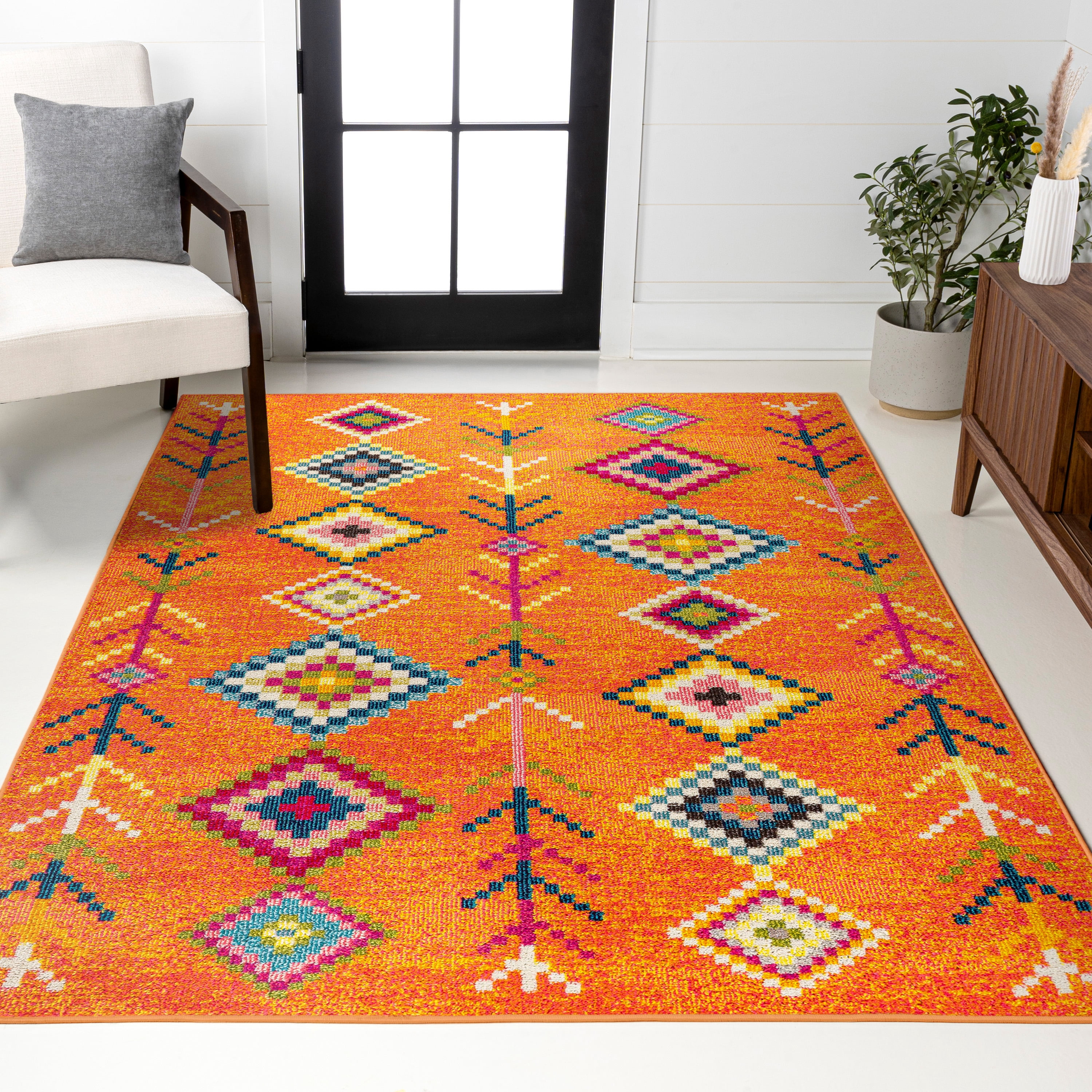 JONATHAN Y MOROCCAN HYPE 3 x 5 Area Rug, Tribal Love Geometric - Orange/Multi, MOH105C-3