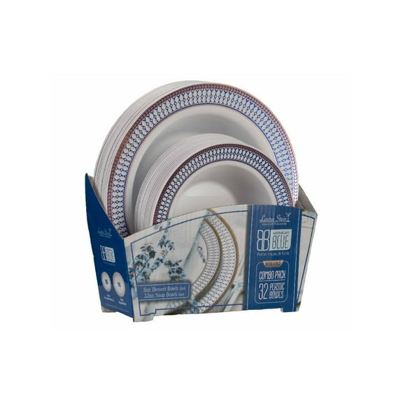 Midnight Blue Collection Combo Pack - White w/Blue & Rose Gold Border Soup and Dessert Bowls, 32 count