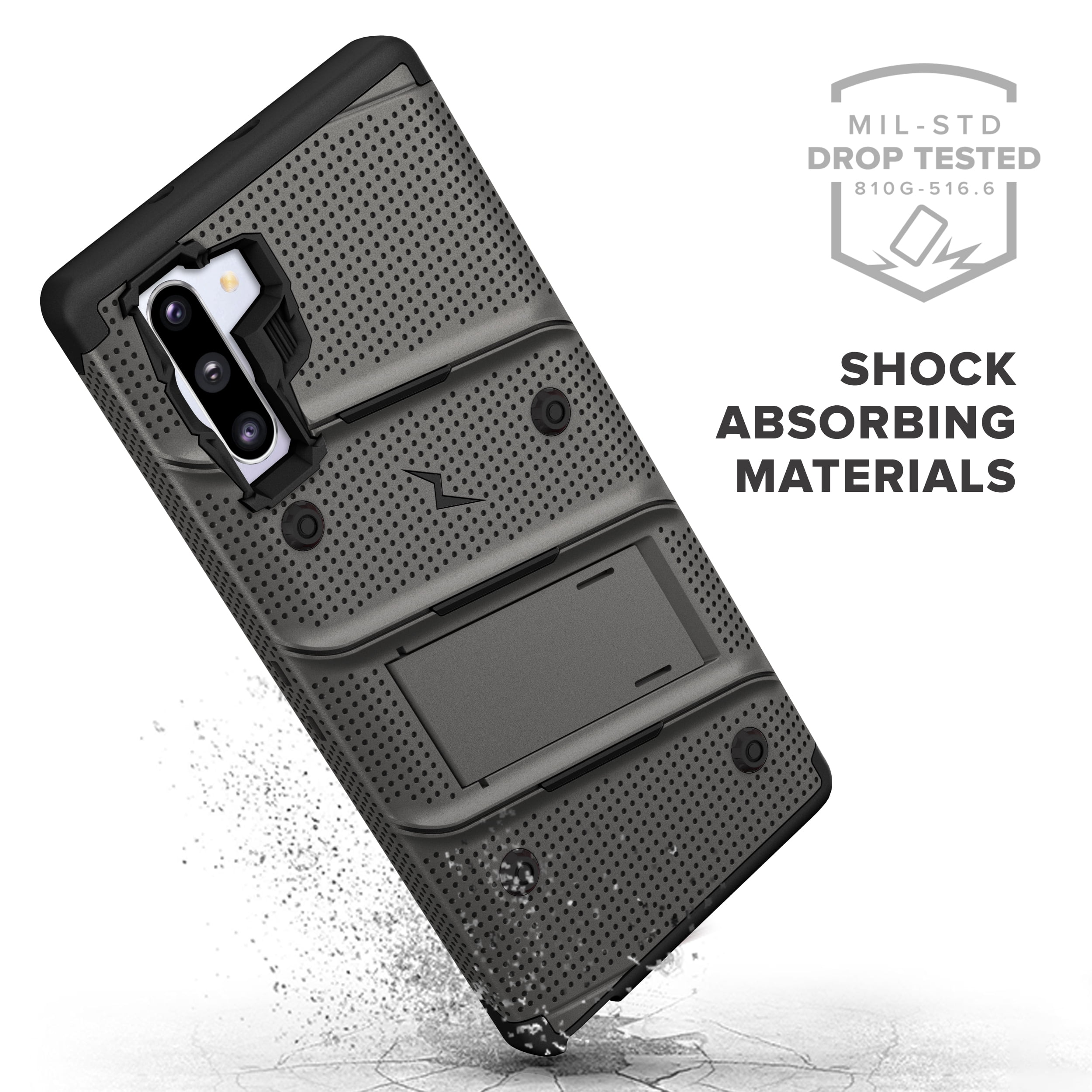 ZIZO BOLT Series for Samsung Galaxy Note 10 Case | Heavy-duty Military-grade Drop Protection w/ Kickstand Included Belt Clip Holster Lanyard (Metal Gray/Black)
