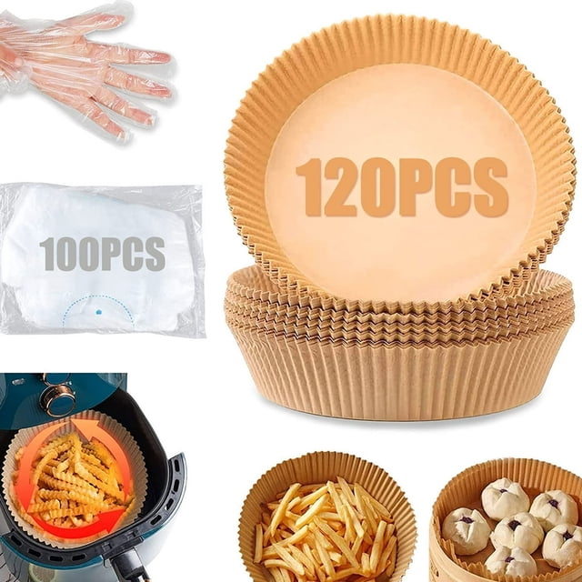 Set 120PCS Air Fryer Parchment Paper Liners with 100PCS Gloves Non-Stick Air Fryer Paper Liner Waterproof Oil-proof Parchment Paper for Baking Cooking Roasting Microwave