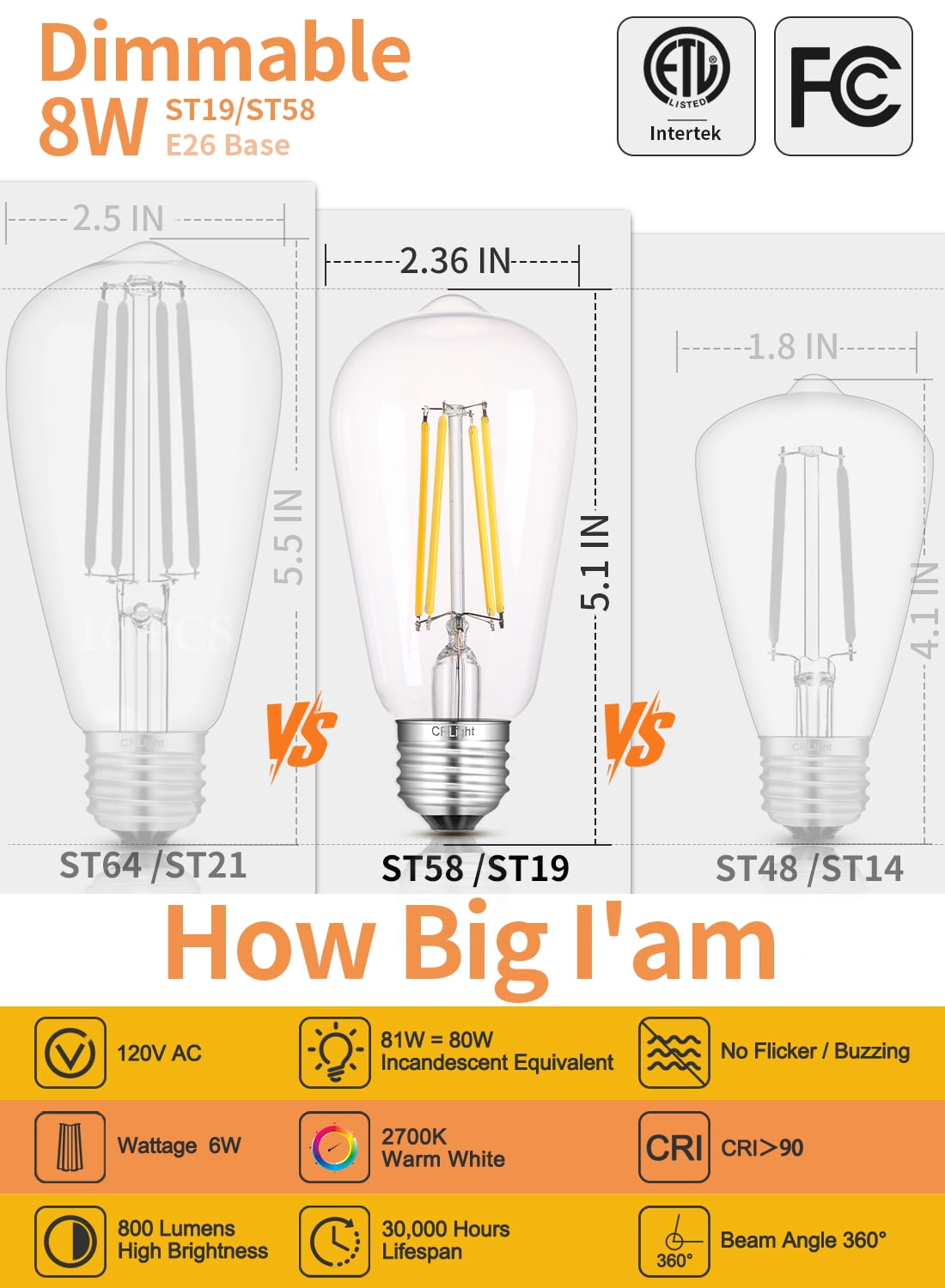 CRLight 8 Pack​​ Vintage Dimmable LED Edison Bulbs, 2700K Warm White 8W 800LM Equivalent 80W Incandescent, E26 ST58 = ST19 Clear Glass ​​Antique Decorative Filament Light