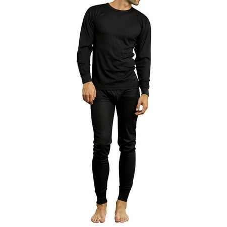 Small Thermal - 2 Piece Men's Thermal Waffle Knit Underwear Set Top and Bottom - Black Small