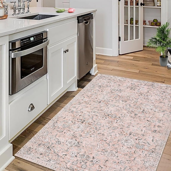 5x7 Washable Vintage Floral Area Rug for Living Room Bedroom Office Low Pile Distressed Oriental Rug Non Slip Soft Floor Carpet, pink