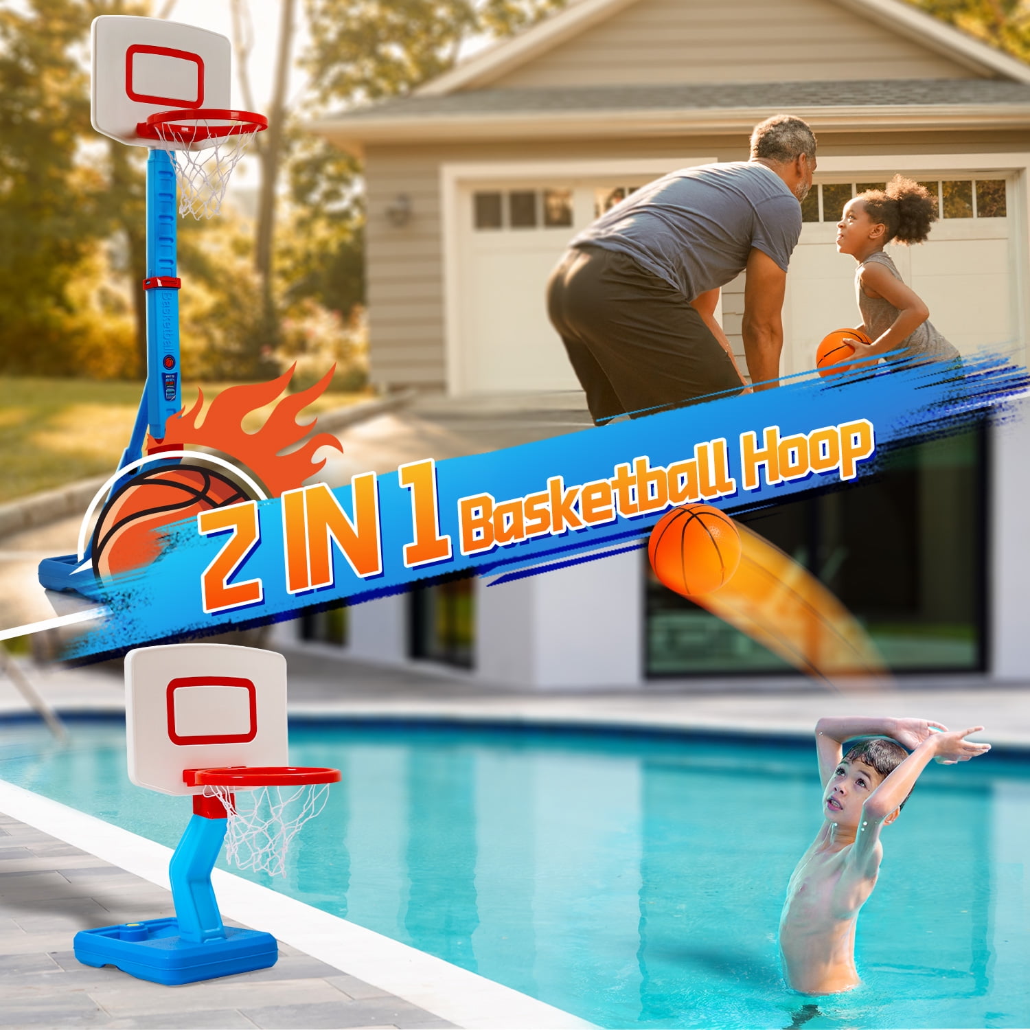 JoyStone 2 in 1 Kids Basketball Hoop, Toddler Basketball Hoop Indoor Mini Adjustable Poolside Basketball Goals with Ball Pump for Boys Girls Outdoor Toys