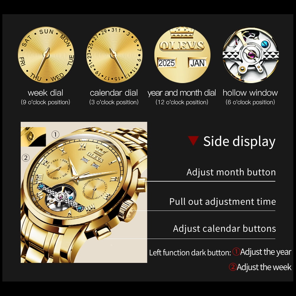 OLEVS Automatic Watches for Mens Self-Winding Mechanical Chronograph Classic Fashion Business Tourbillon Skeleton Stainless Steel Waterproof Luminous Mens Wrist Watches Reloj Para Hombre