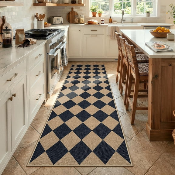 Colette Checkered Easy Jute Runner Rug, 2x8 Hallway Kitchen Runner Rug Non Slip Washable Outdoor Carpet for Entryway Indoor, Checkerboard Black Indoor Outdoor Carpet for Hallway 8ft Entry