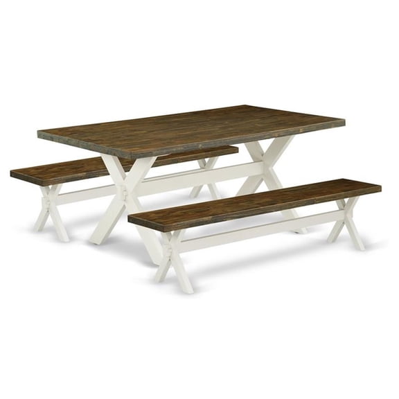 East West Furniture X2-077 3 Piece Modern Dining Table Set - 1 Distressed Jacobean Dinning Table and 2 Dining Bench - Reliable and Sturdy Constructed - Linen White Finish
