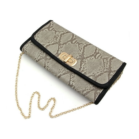 Metallic Leather Flap Clutch - Premium Snakeskin PU Leather Turnlock Flap Handbag Clutch Bag
