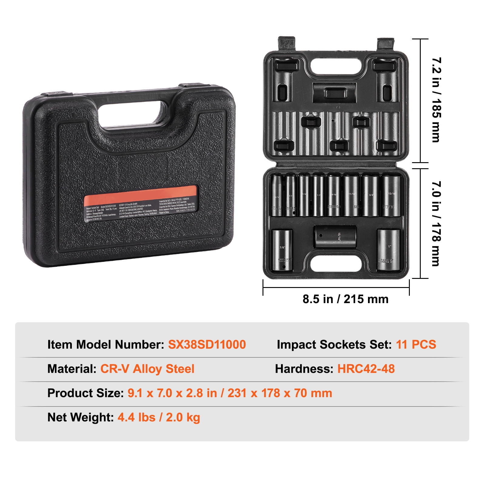 KFFKFF 3/8" Drive Deep Impact Socket Set, SAE, 11 Pcs, 5/16"-1", 6-Point, CR-V Steel, for Vehicle Maintenance, Clear Size Labels, Durable Build, Comes with Case