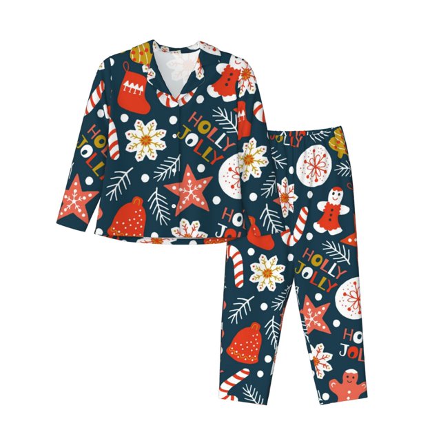 Balery Holiday Christmas Cookies Conjunto de Pijama con Estampado para Mujer, Conjunto de Dos Piezas con Manga Larga, Ropa de Dormir Suave con Bolsillos, Pijamas Cómodos-Small