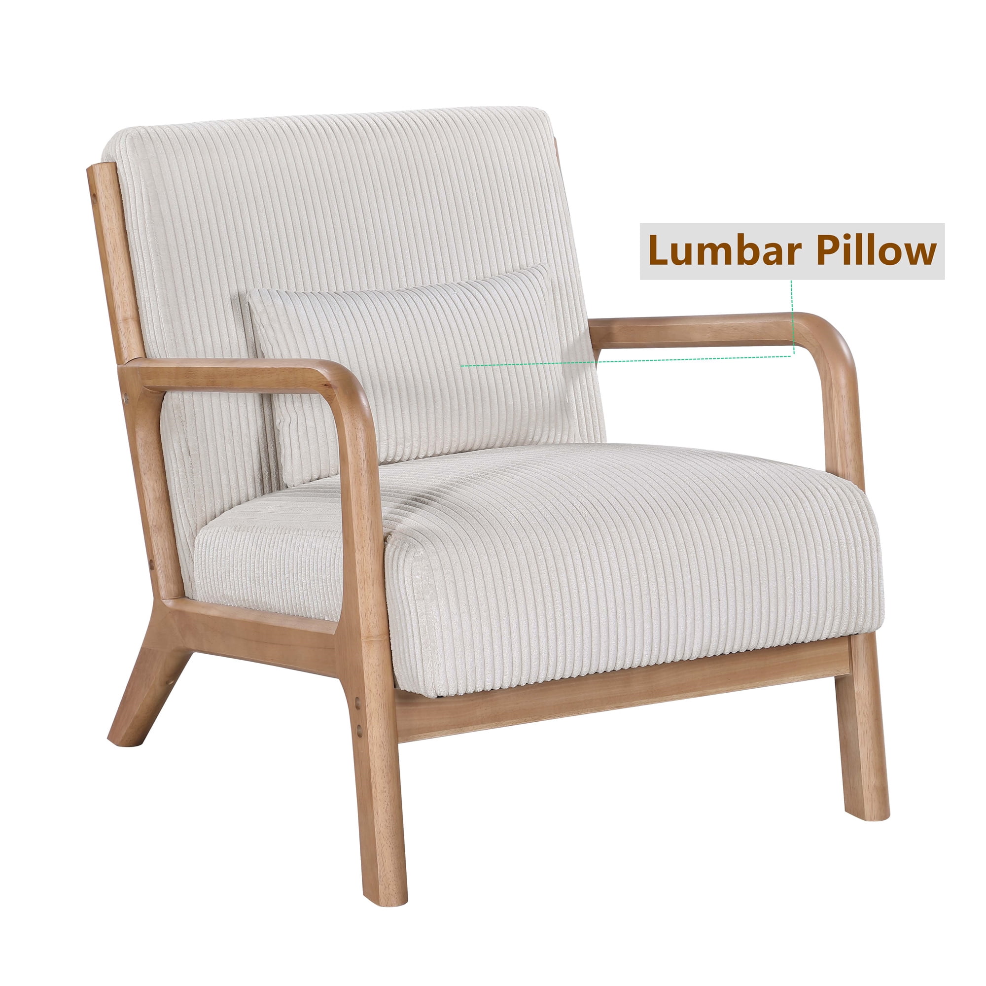Aukfa Corduroy Mid Century Modern Accent Chair w/ Wood Frame&Pillow for Living Room, Beige