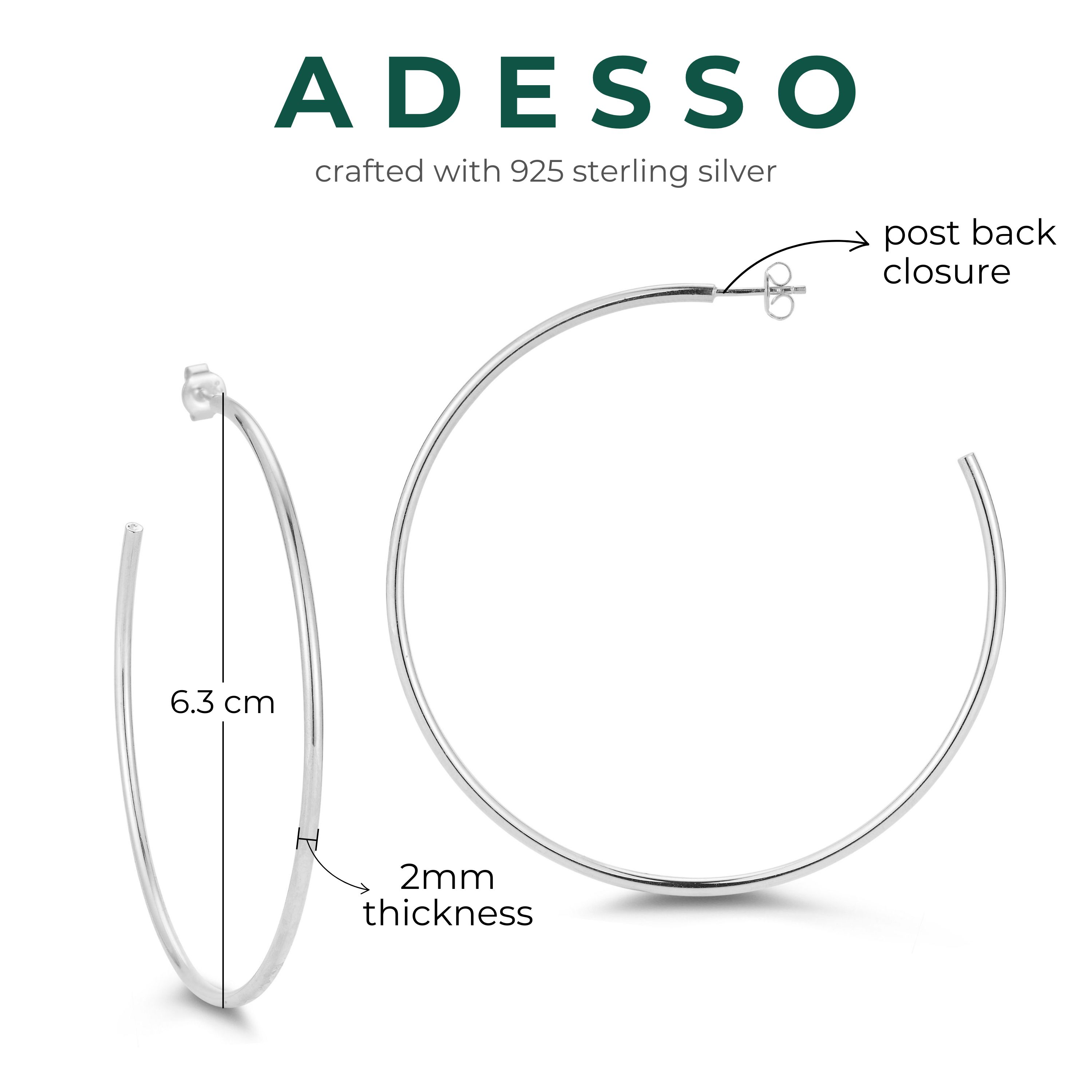 Adesso Milano Jewelry Sterling Silver 2mm Thin Tube Hoop Earrings for Women, 2.5" Diameter, Silver