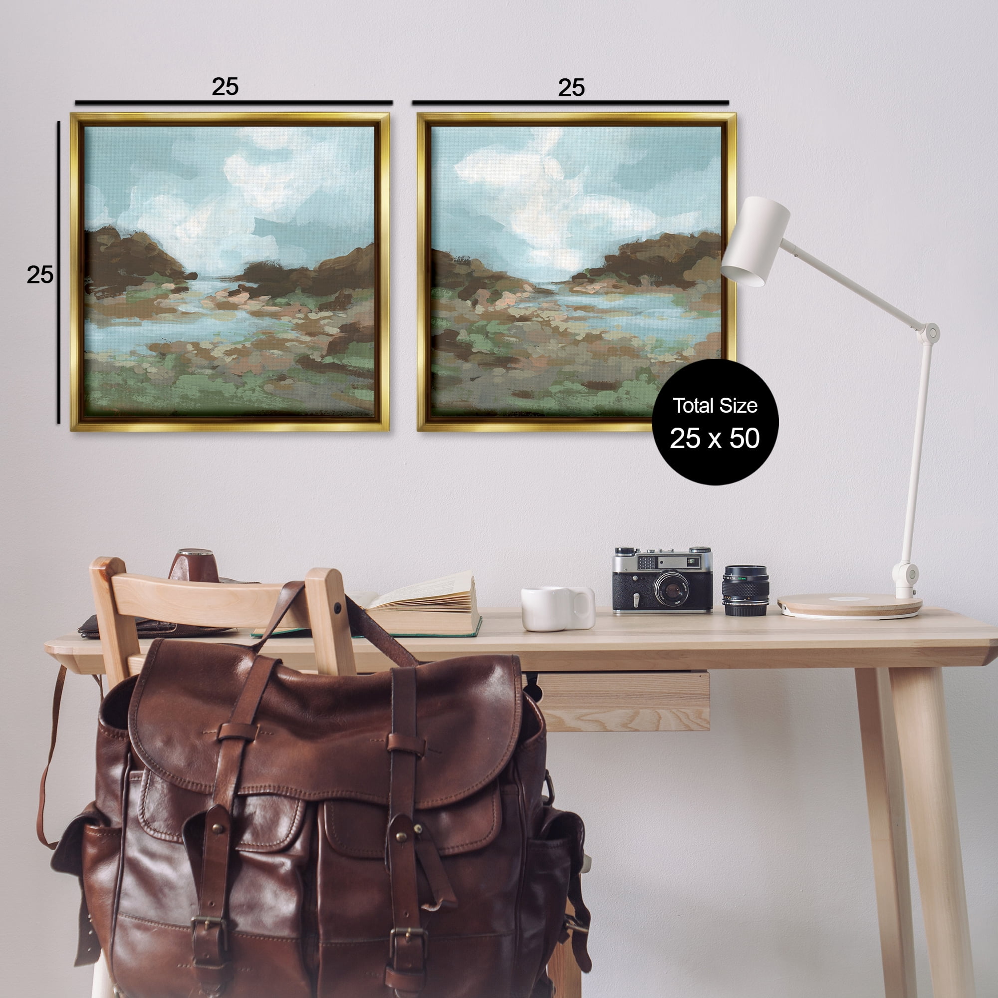 Stupell Industries Winding River Landscape Scene Landscape & Nature Painting Gold Floater Framed Canvas Art Print Wall Art, 25 x 25, Set of 2