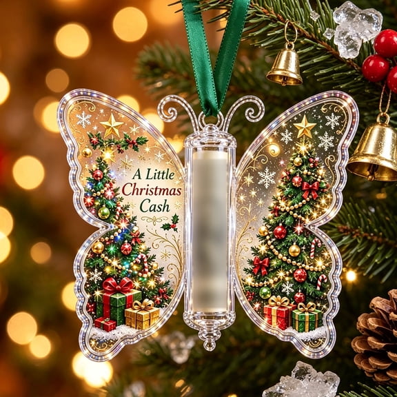 Christmas Tree Cash Holder Ornament, Clear Acrylic Butterfly Design C Rolled Cash Tube Holder, with Hanging Ribbon for Holiday Tree Wreath and Gift Giving