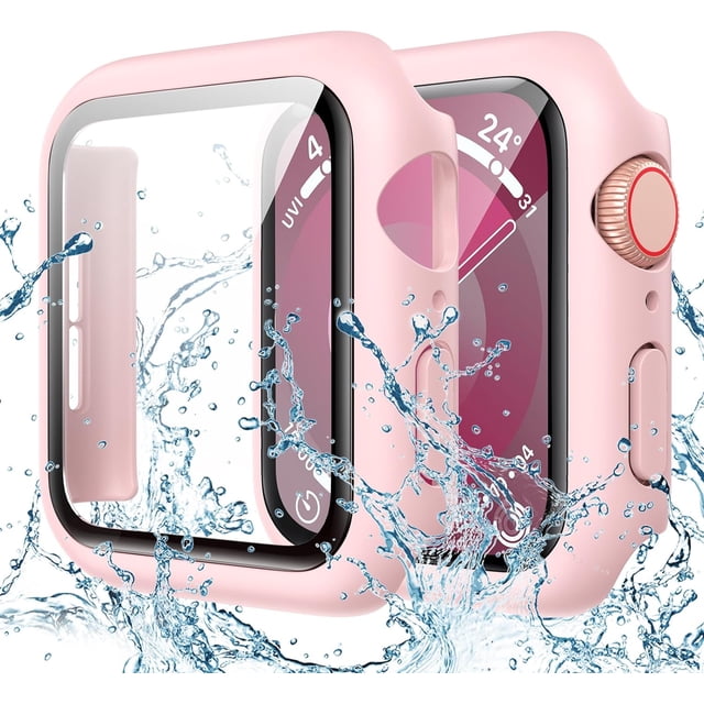 XiHAMA Waterproof Case Compatible with Apple Watch SE (2nd Gen) Series 6 5 4 Screen Protector, Tempered Glass Hard PC Bumper Face Cover
