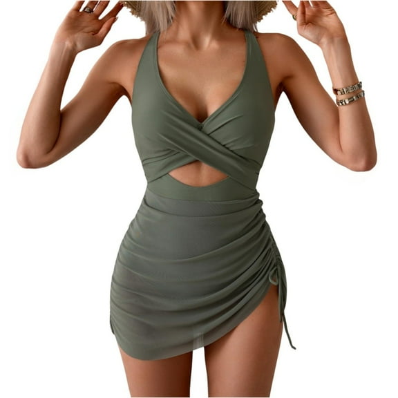 WTOBBY Women's One-Piece Swimsuit Solid Color with Bra Pads Non-Steel Support Sexy Bikini Set Adjustable Straps for Beach Pool Summer Swimwear,Army Green L