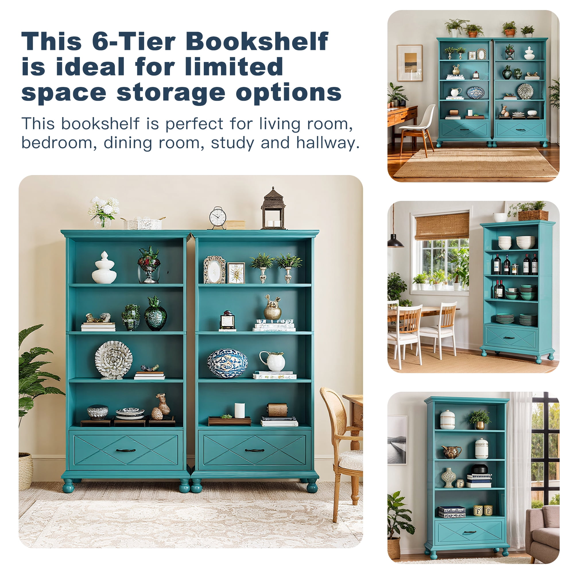 Demi Bonn 6-Shelf Bookcase with Drawer, 71" Bookshelf with Solid Wood Legs for Bedroom, Living Room, Ocean Blue