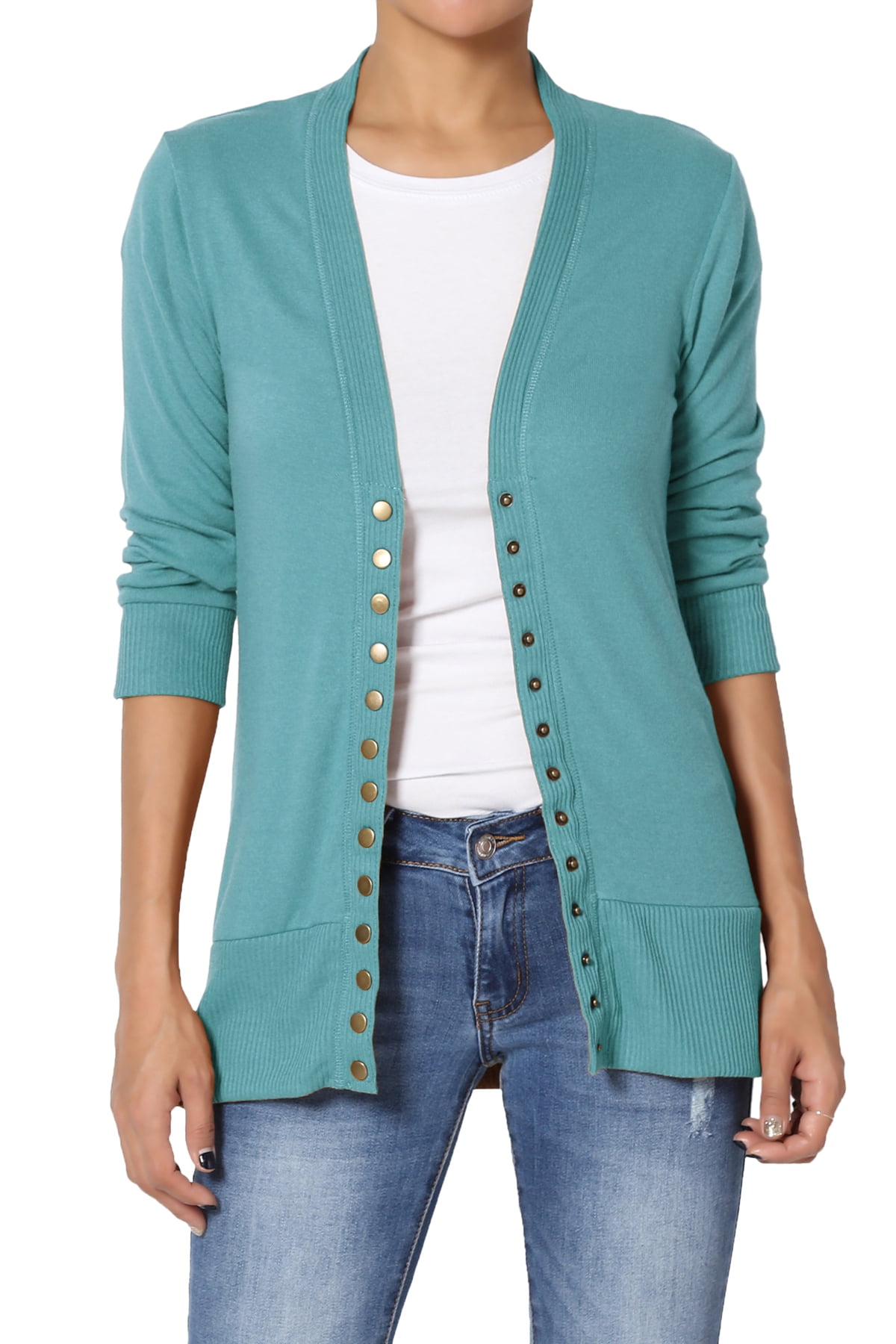 TheMogan TheMogan Women's S~3X Basic Snap Button V Neck 34 Sleeve Knit Cardigan TheMogan TheMogan Women's S~3X Basic Snap Button V Neck 34 Sleeve Knit Cardigan