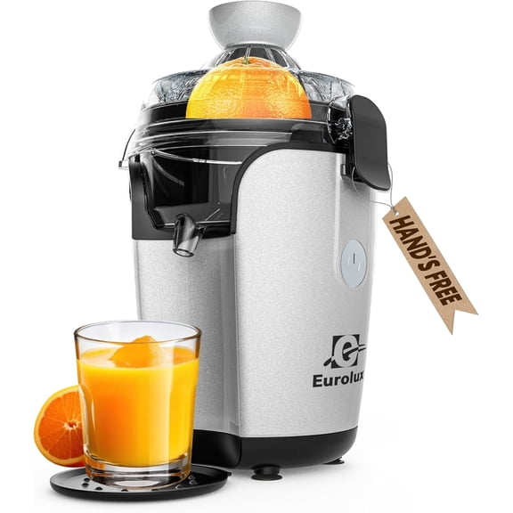 Eurolux Hands-Free Electric Juicer Machine Zero Mess Citrus Juicer with Non-Stick Finish, Silver