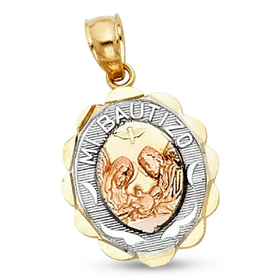 Solid 14k Yellow White Rose Gold Mi Bautizo Charm Baptism Medallion Pendant Tri Color 12 x 13 mm