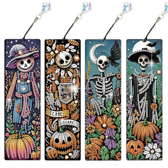 4pcs Diamond Painting Kit Bookmark 5D DIY Halloween Skull Special Design Shimmering Handmade Artwork For Book Lovers Perfect for Birthdays, Christmas, and Holidays