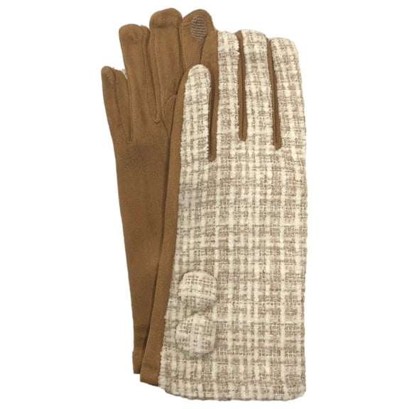 Womens White & Tan Plaid Button Stretch Fit Texting & Tech Touchscreen Gloves