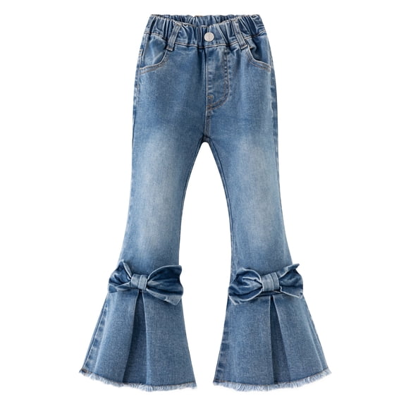 KIDSCOOL SPACE Little Girls Frayed Hem Jeans, 2-7T Toddler Fashion Bow-Knot Decorated Flare Denim Pants, Light Blue,18-24 Months